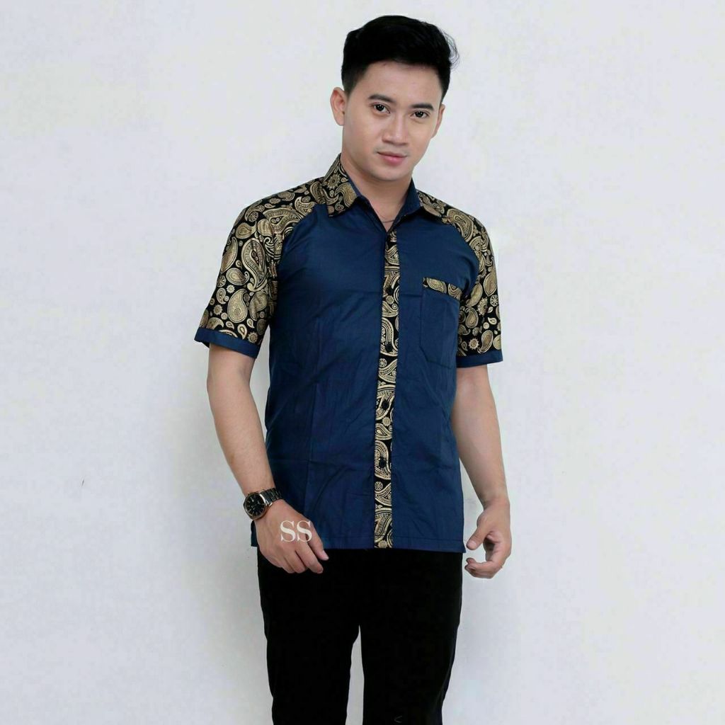 Baju Koko Batik Pria Muslim Warna Navy/Biru Dongker Bordil Lengan Pendek Edisi Lebaran Asli Batik Pe