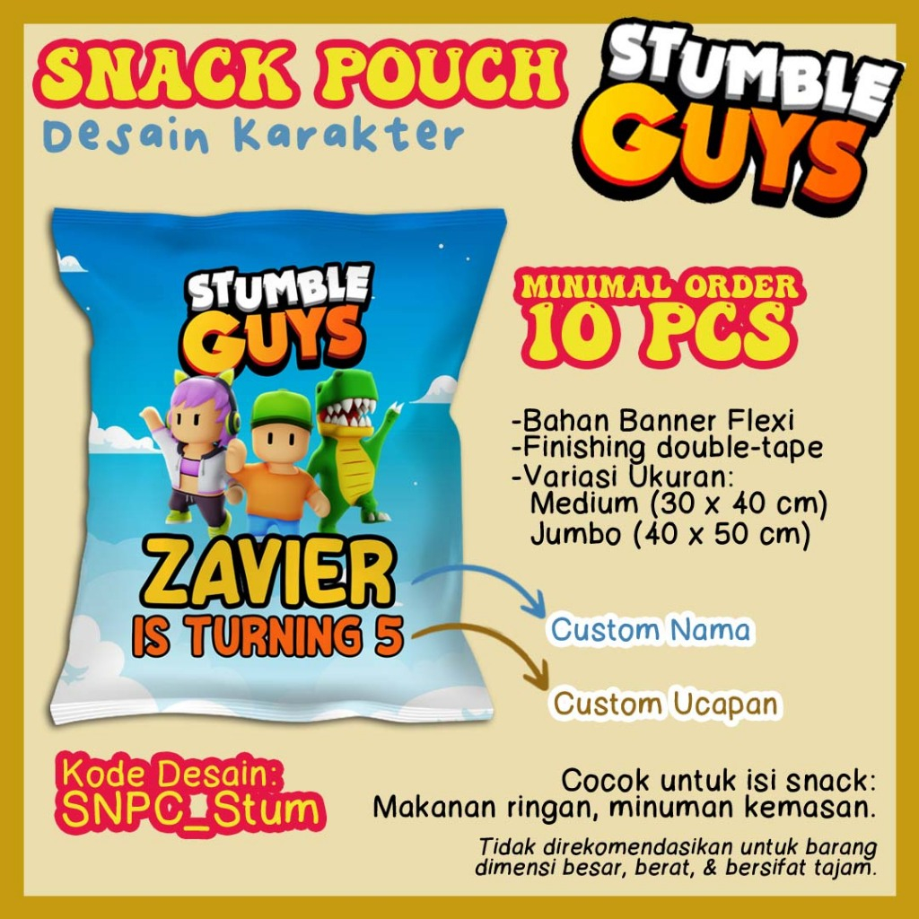

Tas Snack / Snack Pouch bahan Banner Flexi untuk perayaan ultah dll - MINIMAL ORDER 10 PCS - Tema karakter Stumble & Paw kode snpc_stum snpc_paw
