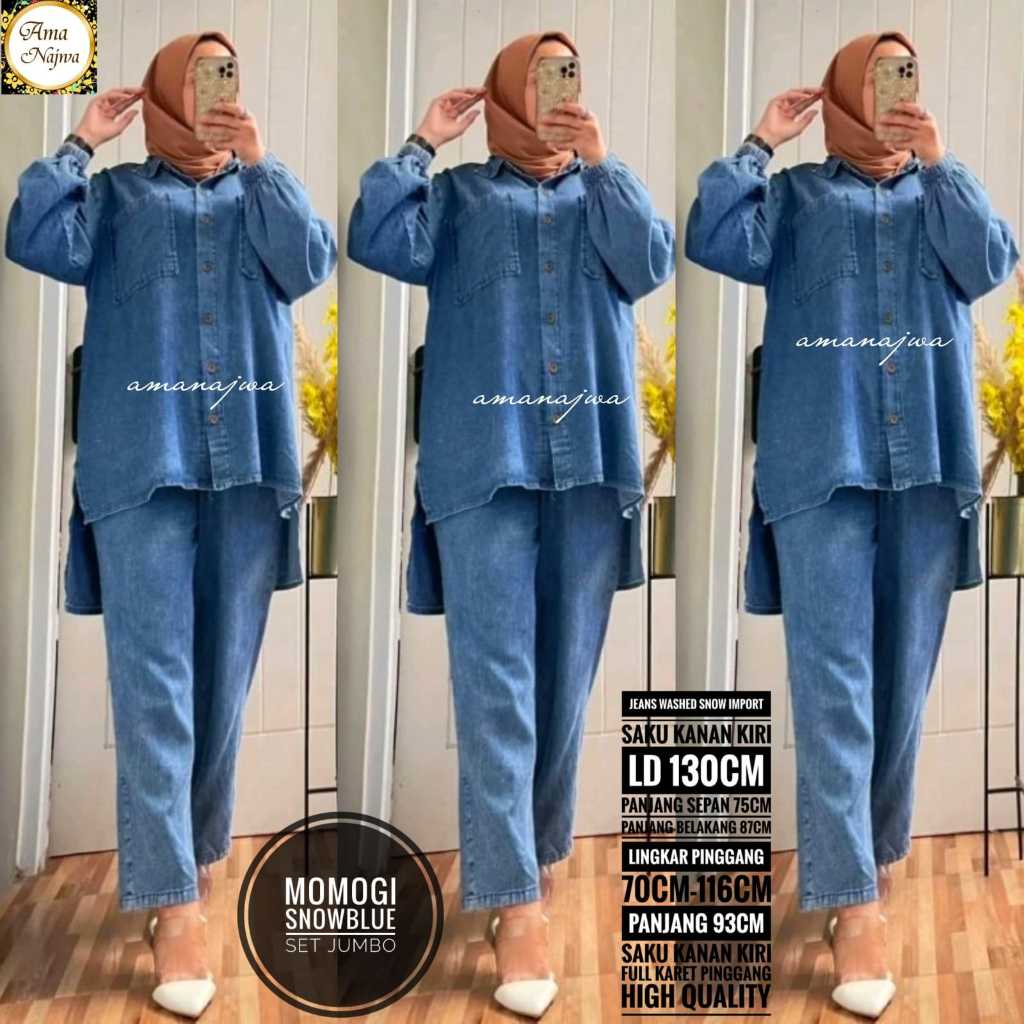 momogi setelan 1 one set oneset stelan atasan jeans washed wash jumbo besar oversize over big size l