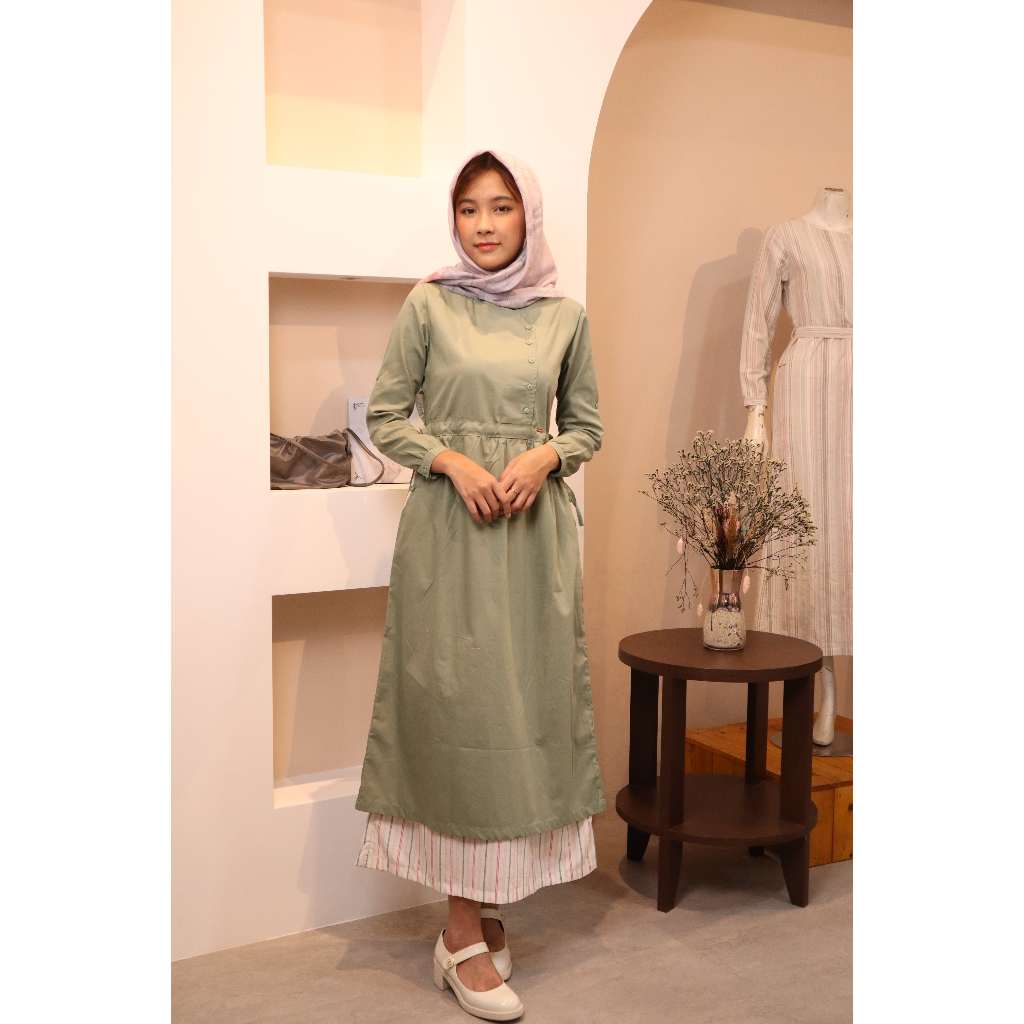 Gamis Dress Wanita Missty Freeteen Warna Hijau Inner Putih Motif Garis Bahan Katun Kualitas Premium 