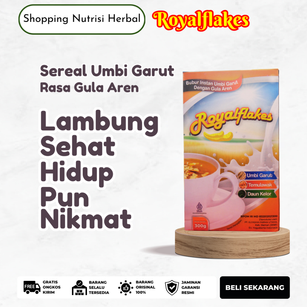 

Royalflakes Rasa Gula Aren - Bubur Instan Sereal Umbi Garut - Atasi Maag Asam Lambung Perut Kembung Melancarkan Pencernaan dan Peredaran Darah - 300g