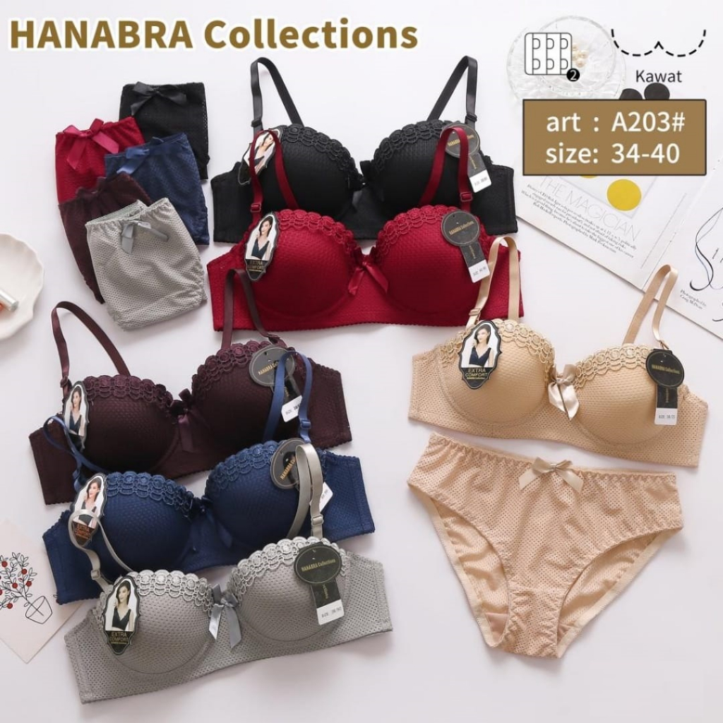 BRA/BH HANABRA A203 Kawat Set Celana Dalam Wanita Dengan Kawat Busa Tipis Kait 2 Ukuran 34, 36, 38, 