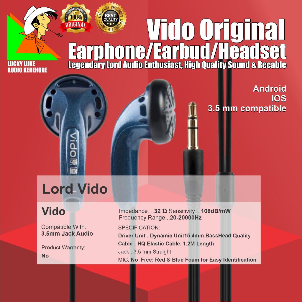 Headset Vido Original Kere Hore Lord vido legend NonMic Earbud earphone earpiece headphone