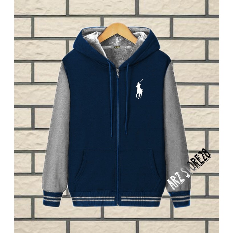 Terlaris  Free  Jaket Varsity Kupluk  Text Putih Logo Polo  Sweater Distro Terbaru Hoodie  Termurah 