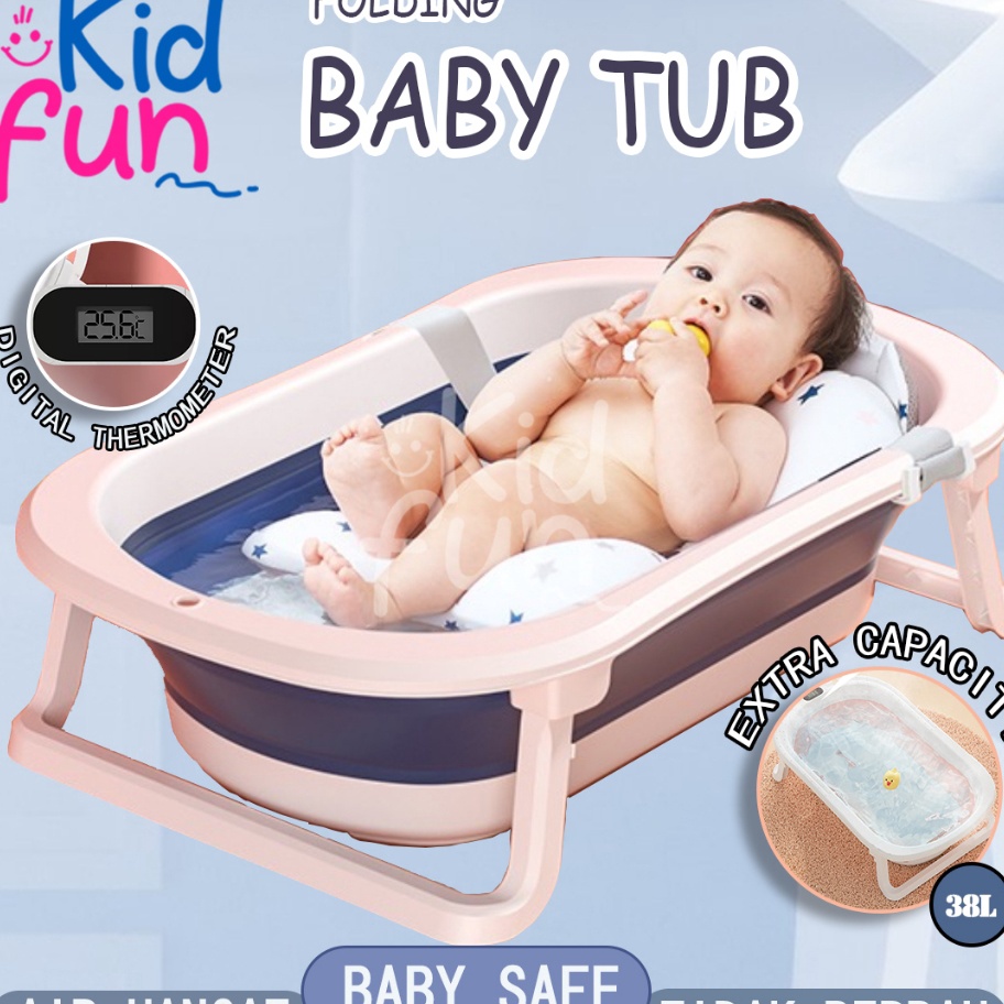 PROMO SALE Bak Mandi Bayi Portable Bak Mandi Bayi Lipat dengan Pengukur Suhu dan Jaring Bantal Tempa