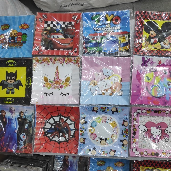 10 Pcs Piring Kertas Kotak Bulat Karakter Kue Ulang Tahun Gambar/Paper plate Mermaid Pororo BT21 Ast