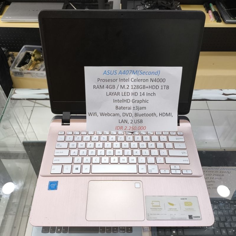 Second LAPTOP ASUS A407M Intel Celeron N4000 Ram 4Gb ssd 128Gb Hdd 1Tb Murah Seken Bekas