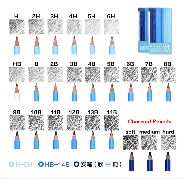 

Brutfuner Original Pensil 6H -14B Hard Medium Soft Charcoal Sketsa Profesional isi 24 Pcs