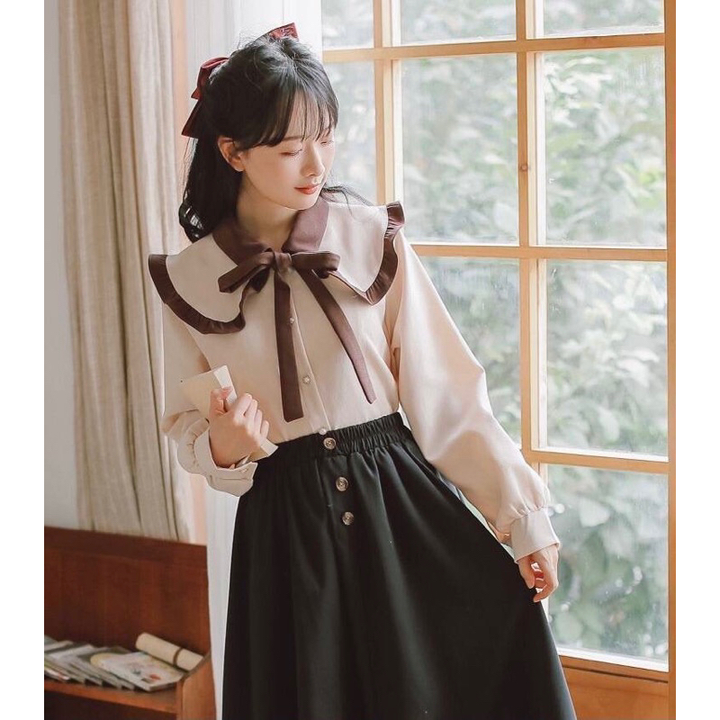 Baju hem kemeja wanita lengan panjang untuk kerja kuliah model korean style warna coklat susu terbar