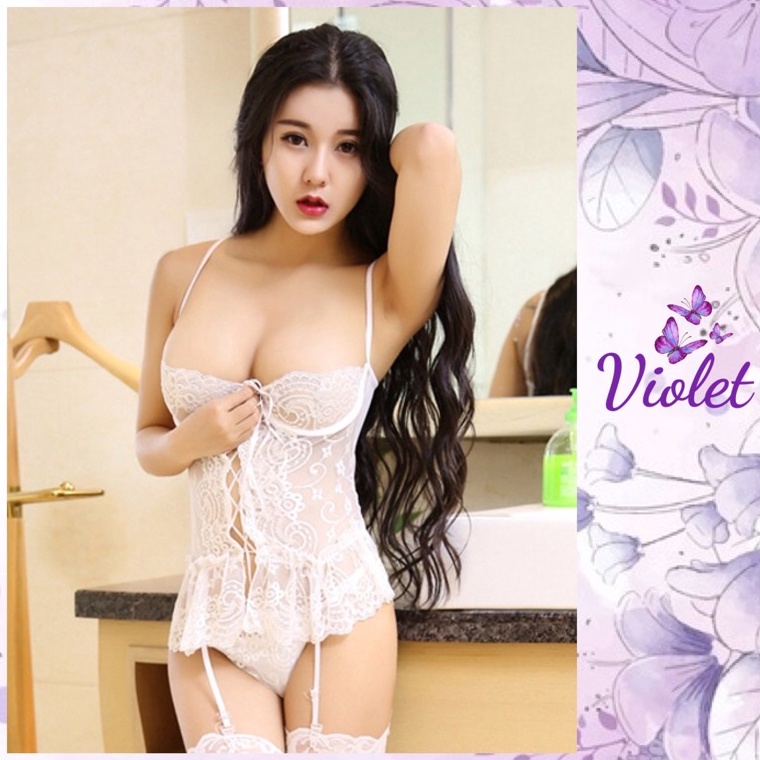 BEST SELLER Violet Lingerie Seksi  Gstring Babydoll With Garter Pakain Sexy Transparan TANPA STOKING