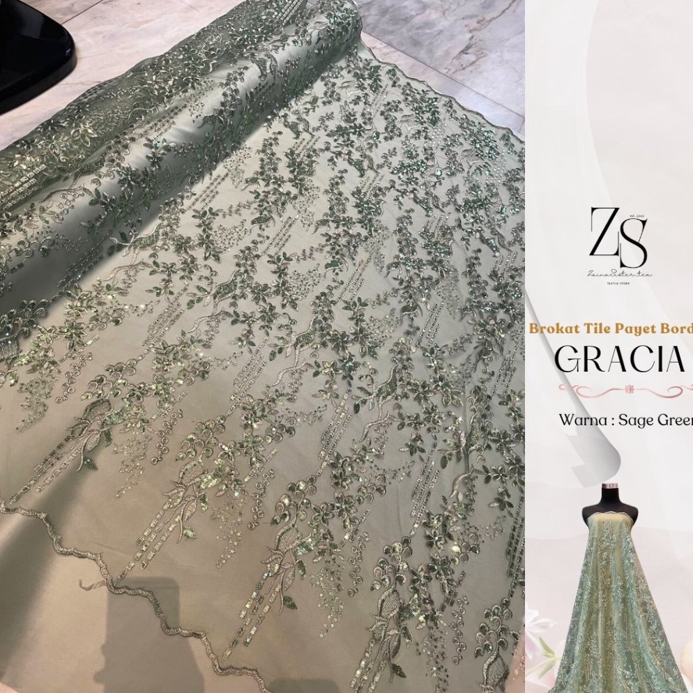 FREE ONGKIR Kain Bahan Kebaya Mewah Brokat Brukat Tile Bordir Payet Gracia Warna Hijau Sage Green