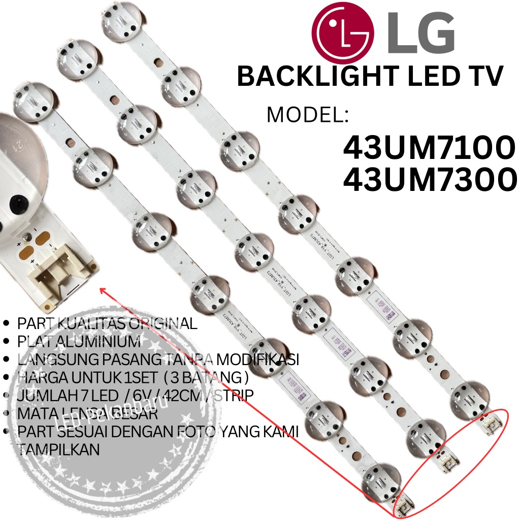 BACKLIGHT LED TV LG 43 INC 43UM7100 43UM7300 LAMPU BL LENSA BESAR 6V