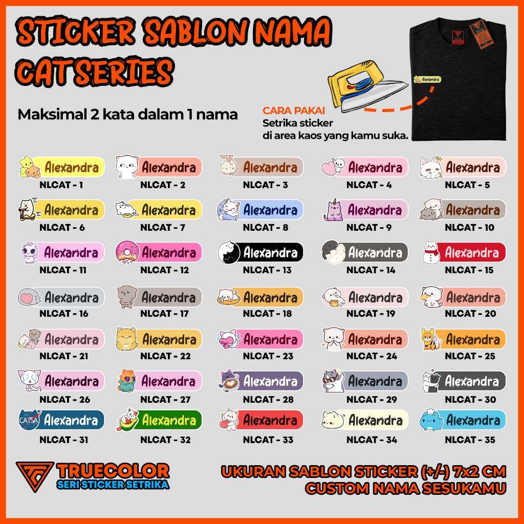 

TRUECOLOR 25pcs Sticker Kain Label Nama Kaos, Sablon Setrika Custom Tulisan – CUTE CAT Series