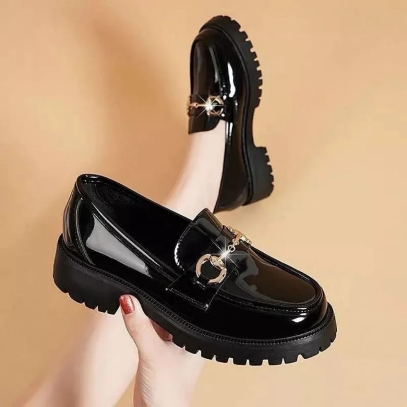 Cuci Gudang Sepatu Docmart Wanita Hitam Glosy Sepatu Kasual Import Premium Sepatu Flat Loafers Kulit