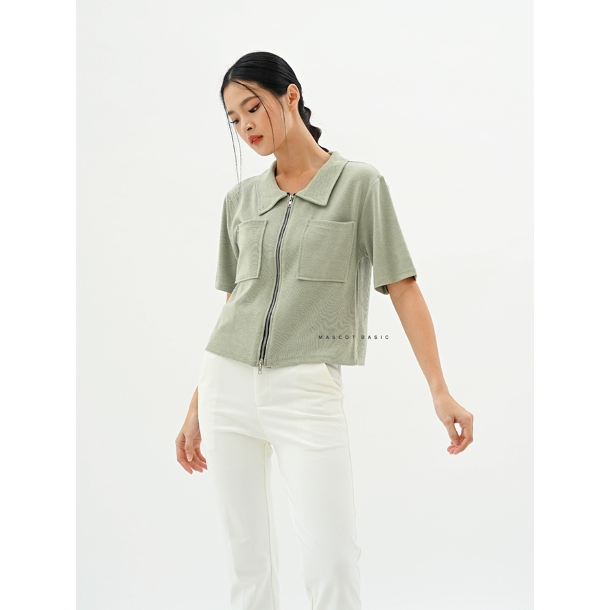 MASCOT Atasan Knitt Outwear Sleting Tangan Pendek (032) Blouse Wanita Kantong Zipper