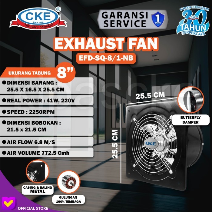 Exhaust Drum Fan CKE 8 Inch EFD-SQ-8/1-NB Dinding Rumah Restoran