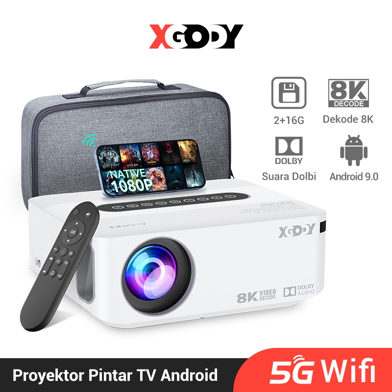 【Layar Gratis 】XGODY X1 Smart Proyektor Android 2+16GB 4K 450 ANSI Lumens Dolby WiFi5 Bluetooth STB