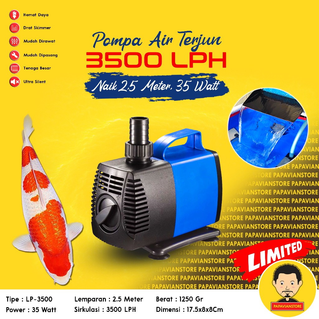 Pompa Filter Air Mesin Kolam Celup Ikan Koi 3500LPH Low 35 Watt 2.5 Meter