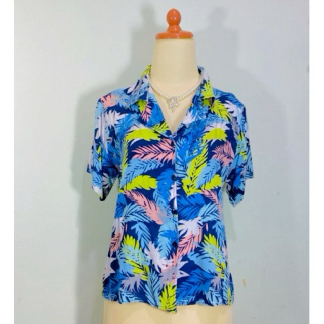 Atasan pantai blus blouse kemeja casual korean look bahan katun rayon busui friendly motif daun bung