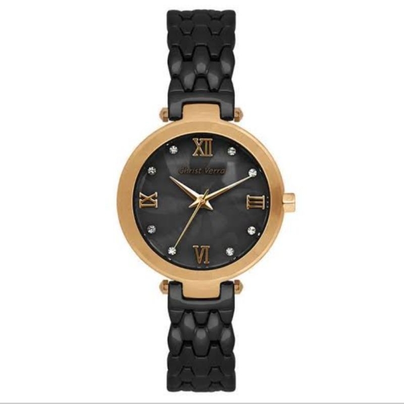 Christ Verra 71609L-15 MOP/BLK - Jam Tangan Wanita - Hitam Rosegold - Original - Garansi Resmi