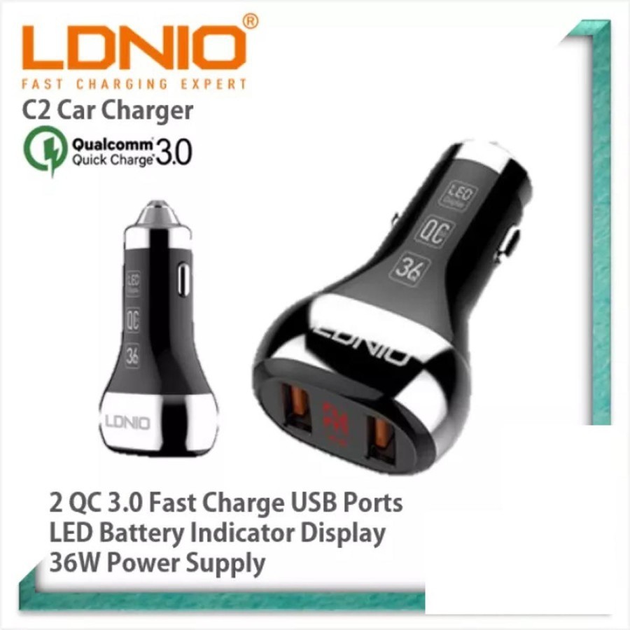 MH - Charger Mobil 36w Dual Usb QC 3.0 Display Voltmeter Digital Ldnio