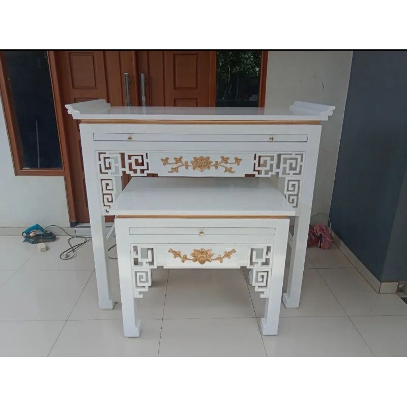 MEJA ALTAR DUCO PUTIH KAYU JATI_MEJA SEMBAYANG CINA_MEJA SEMBAYANG DEWA