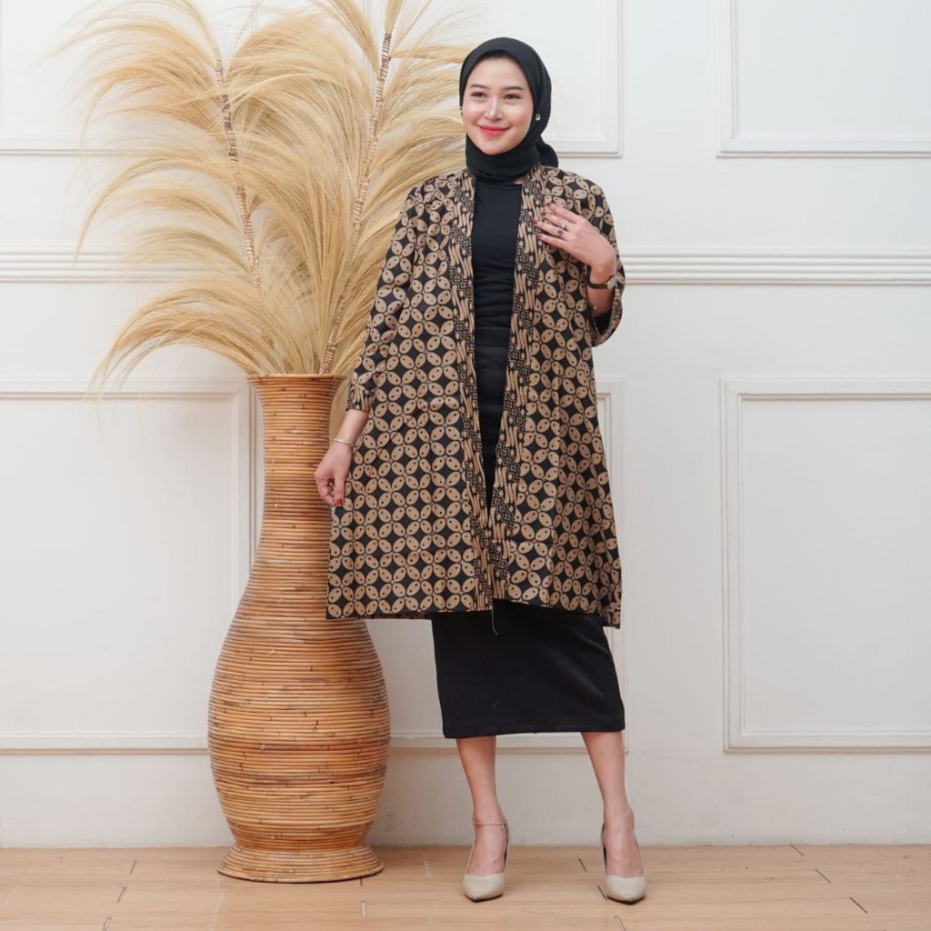 Blazer Batik Wanita Lengan Panjang Cardigan Batik Coklatan Atasan Blazer Wanita Simpel