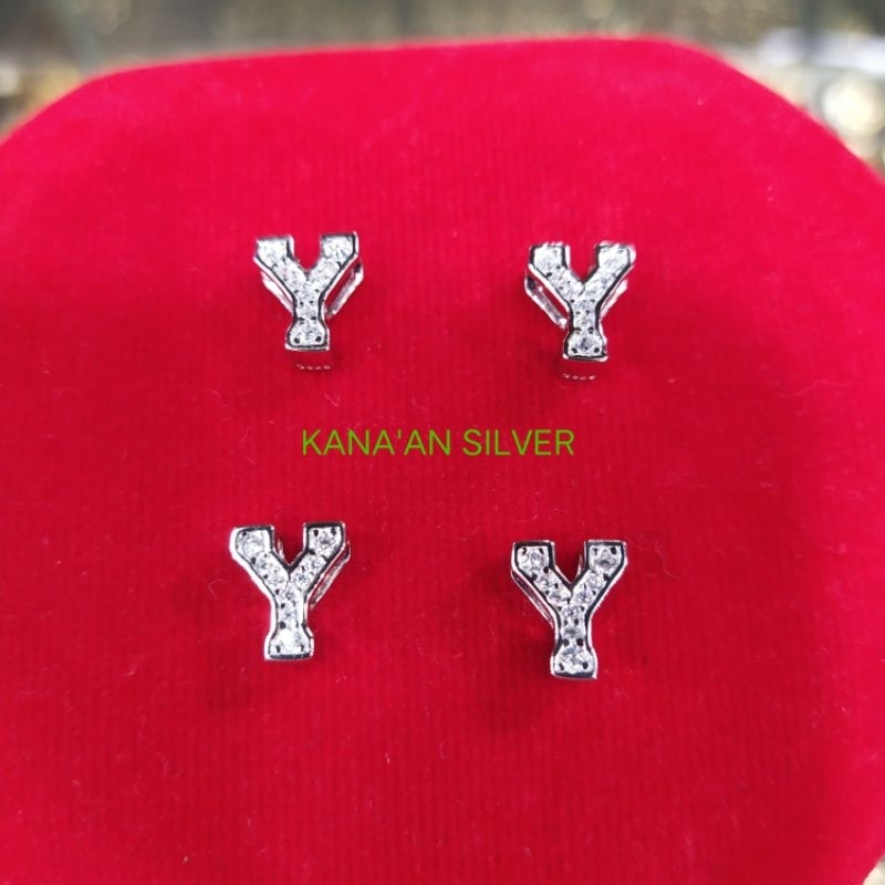 Liontin perak asli 925 /buah kalung model tusuk huruf (Y) mata zircon putih kilau /Silver lapisan em