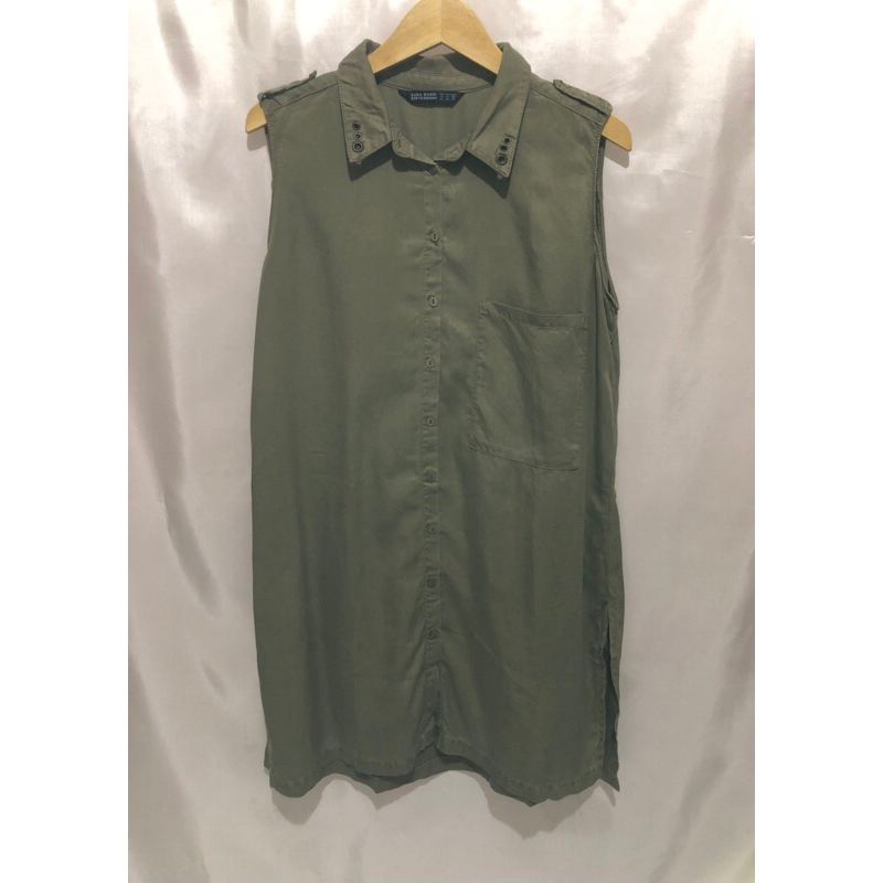Preloved Long Outer Tanpa Lengan Zara Basic Denim Size XL Warna Hijau Army Tunik Panjang Maxi Dress 