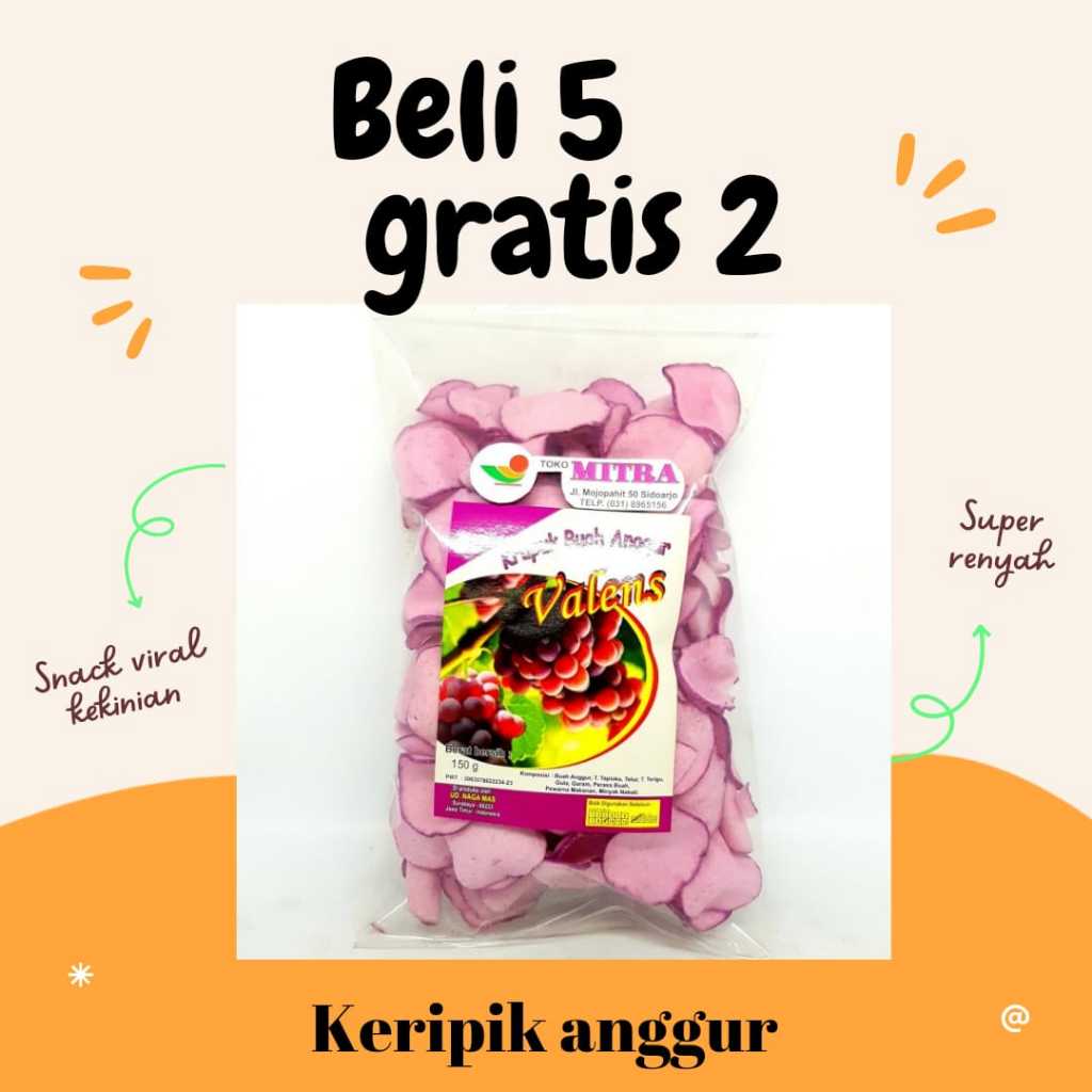 

Keripik Buah Anggur Super Renyah Beli 5 gratis 1