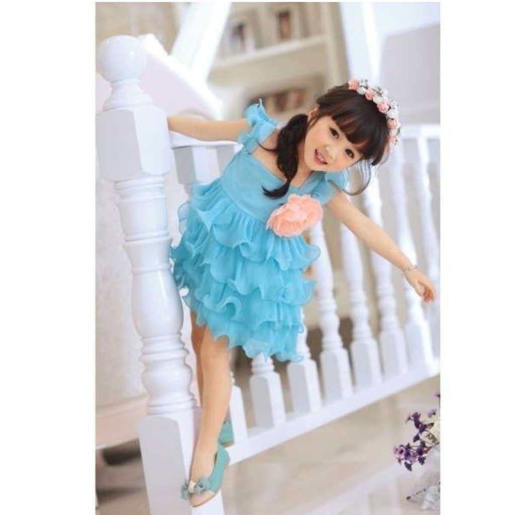 Dress Anak Perempuan/ Dress Layer Biru+Corsage