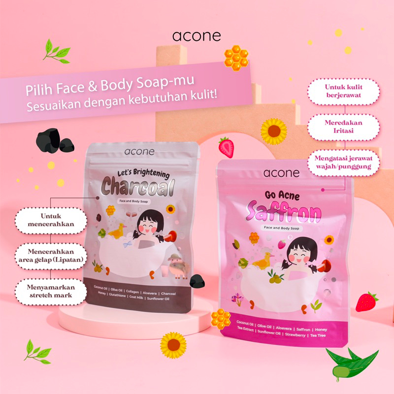 Acone Store - Acone Face & Body Soap 50gr | Sabun Wajah dan Badan | Sabun Charcoal | Sabun Saffron |