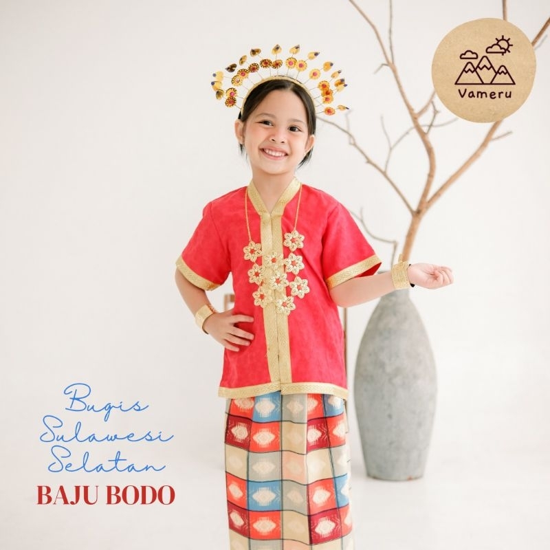 Setelan Baju Bodo Anak Perempuan Adat Bugis Sulawesi Lengkap Rok Sarung Bando Kalung Gelang