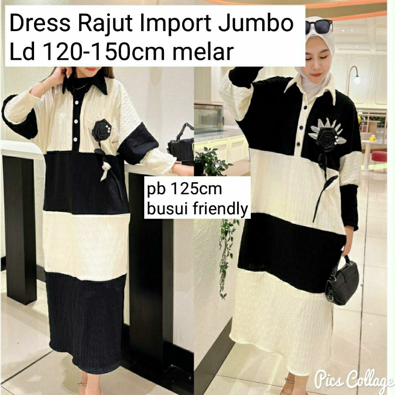 Dress Rajut Wanita JUMBO Ld 120-150cm Import Busui Friendly Korean Style Gamis Salur Knit Premium