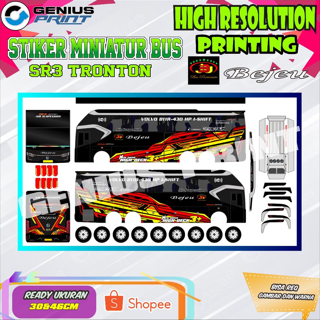 Stiker Mainan Miniatur Bus SR3 Tronton Livery Bejeu | Gunung Harta | Harapan Jaya | Kalebas | Pandaw