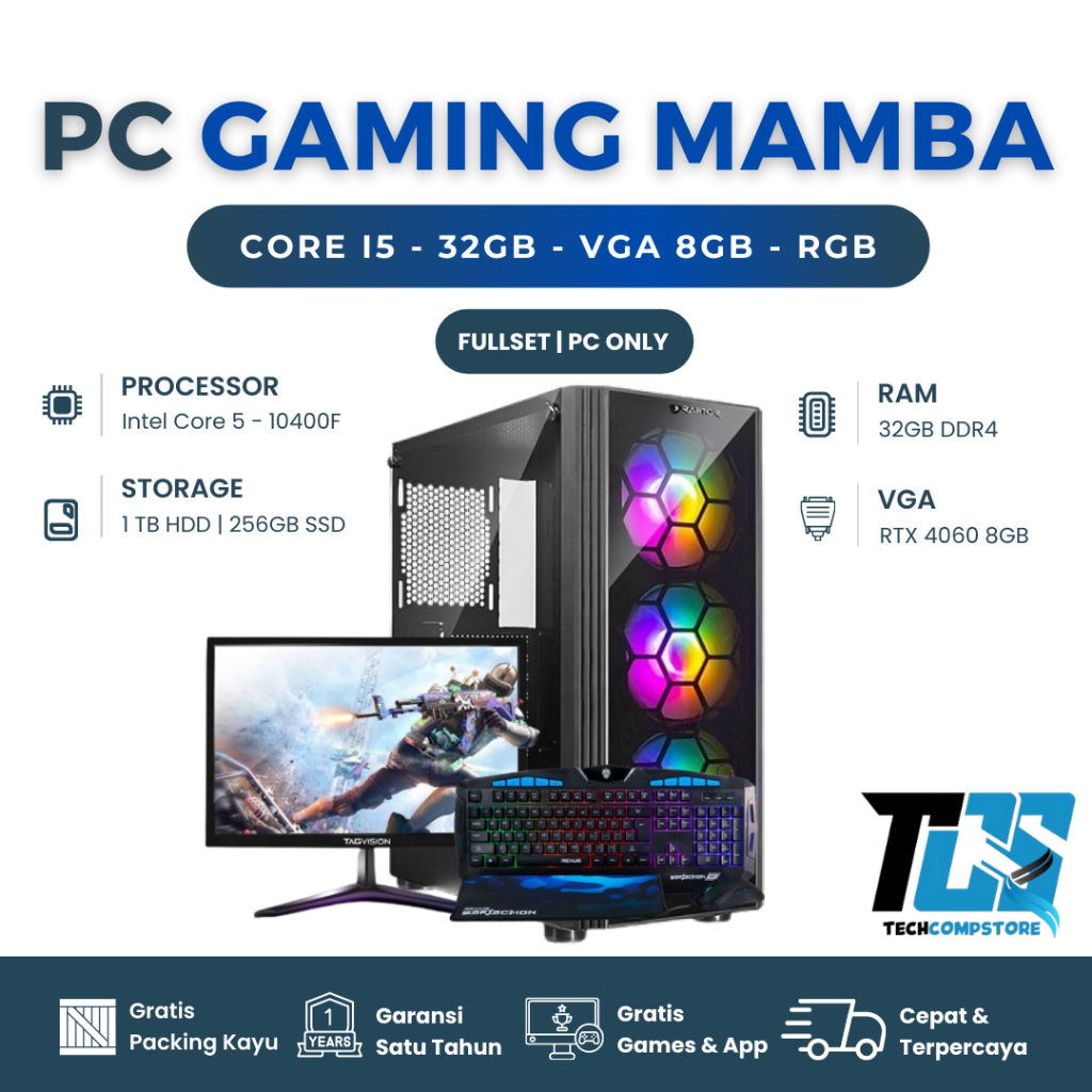 PC Gaming Rakitan High End i5 10400F Ram 32GB VGA RTX 4060 8GB SSD HDD 1TB Full RGB Fullset | Komput