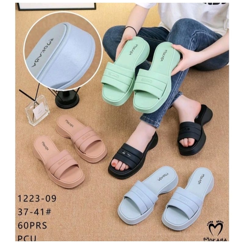 Sandal Selop Wedges Wanita Ban 3 Sambung Muimiu Empuk Kekinian Mokaya 1223