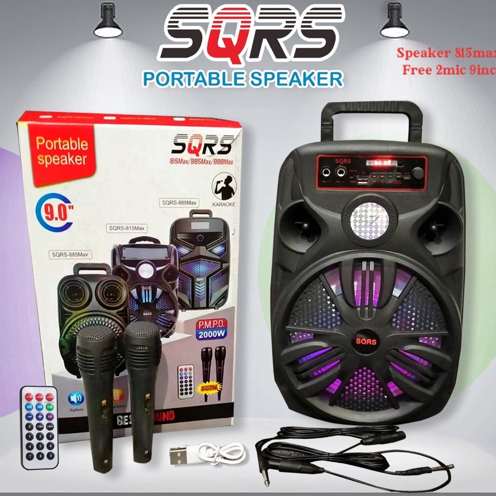 Terkini Speaker bluetooth portable SQRS885 dan 815 bass sound plus mic karoke 9in LED q Produk Premi