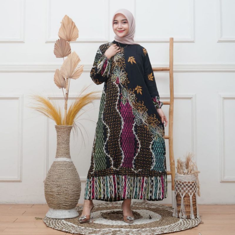 Gamis Batik | Gamis Batik Cap Coletan | Gamis Wanita Elegan Simple Kirana Daun