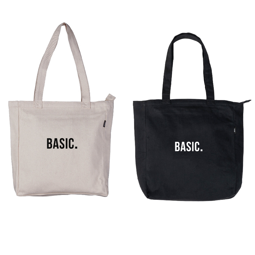 Tote Bag Kanvas Resleting Cream Hitam - Tas Pria Wanita Seri Basic