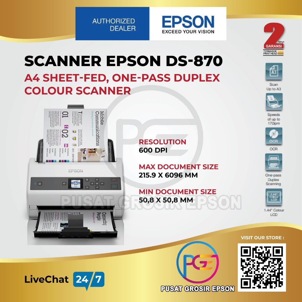 

Epson DS-870 DS 870 DS870 Color Duplex Workgroup Document Scanner A4 ORIGINAL DAN GARANSI RESMI