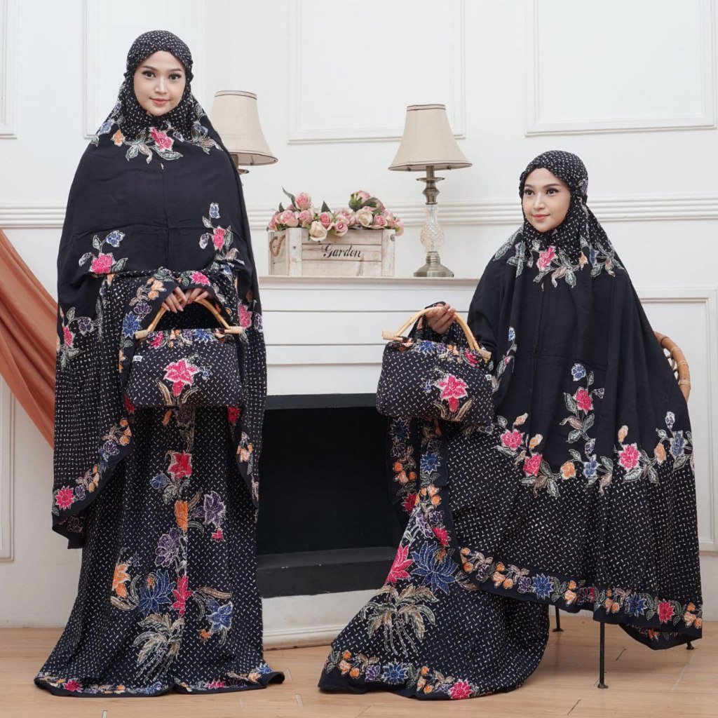 MUKENA BATIK CAP PEKALONGAN ENCIM BAHAN RAYON/ SOGAN HITAM