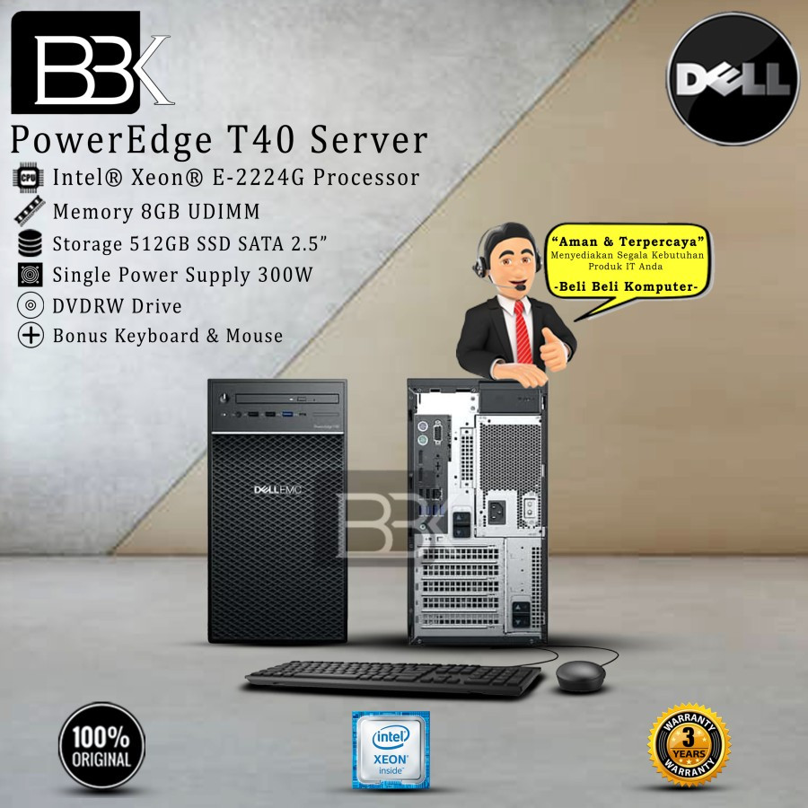 Server Dell PowerEdge T40 Xeon E-2224G 8GB 512GB SSD SATA DVDRW 3YR