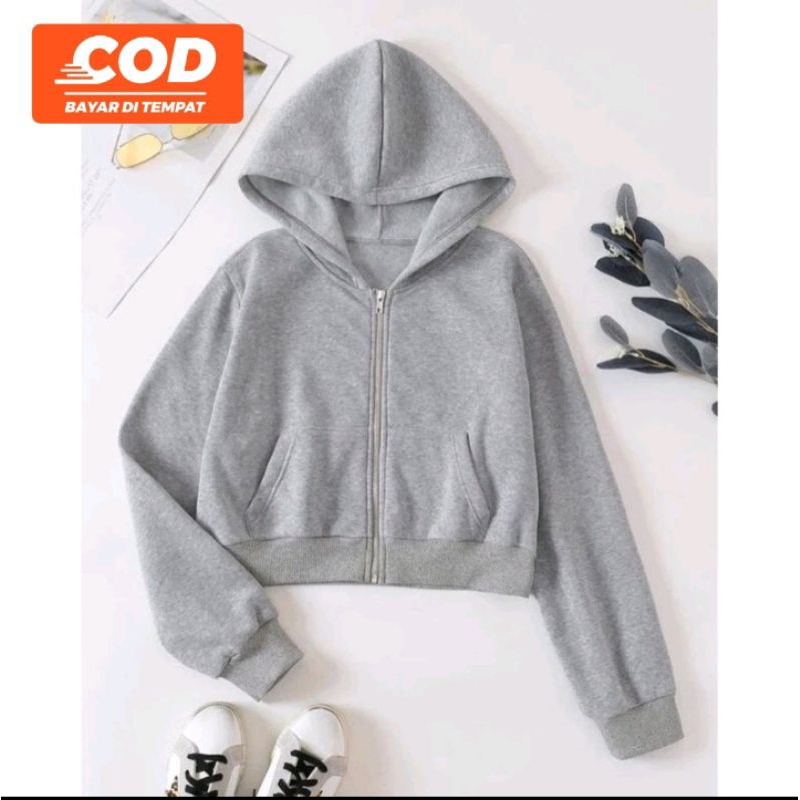 Hoodie Wanita Pria Zipper Basic Crop Polos (LD 110, P 48)