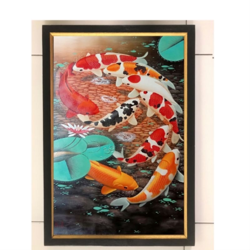 Hiasan dinding lukisan cetak ikan koi kebruntungan plus bingkai uk 35x52cm