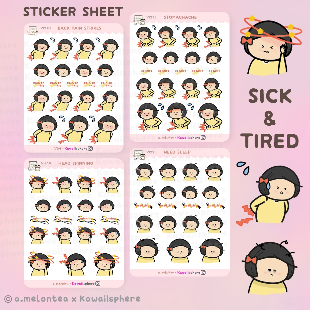 

Sticker Sickness Series by a.melontea | Regular / A6 Ring Binder Stickers | Stiker Tracking Sakit & Lelah untuk Jurnal / Planner