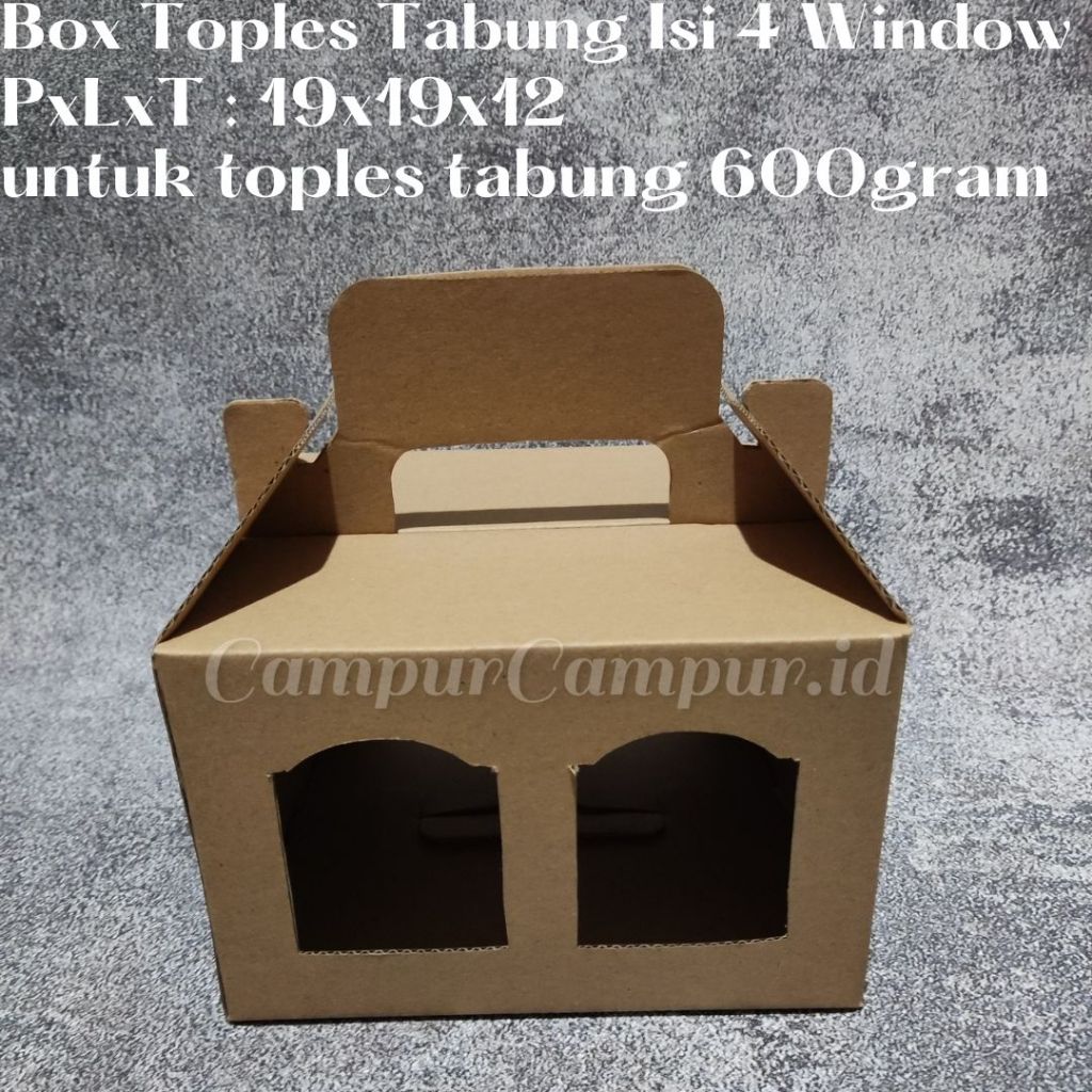 

Box Kardus Eflute Gable Box Jinjing Window untuk Toples Tabung isi 4 19x19x12 Box Kue Kering Hampers