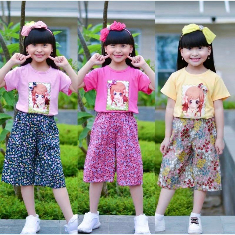 Setelan Celana Kulot Bunga - Bunga Baju Barbie Bordir Anak Perempuan Umur 4-11 Tahun