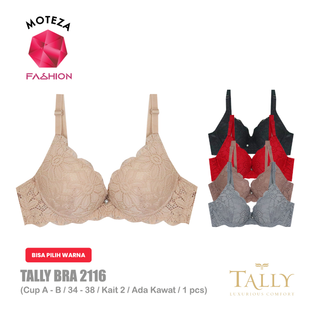 Tally 2116 Bra BH Wanita Push Up | Renda | Busa Tebal | 3/4 Cup A - B | Kawat | Kait 2 | Size 34 - 3