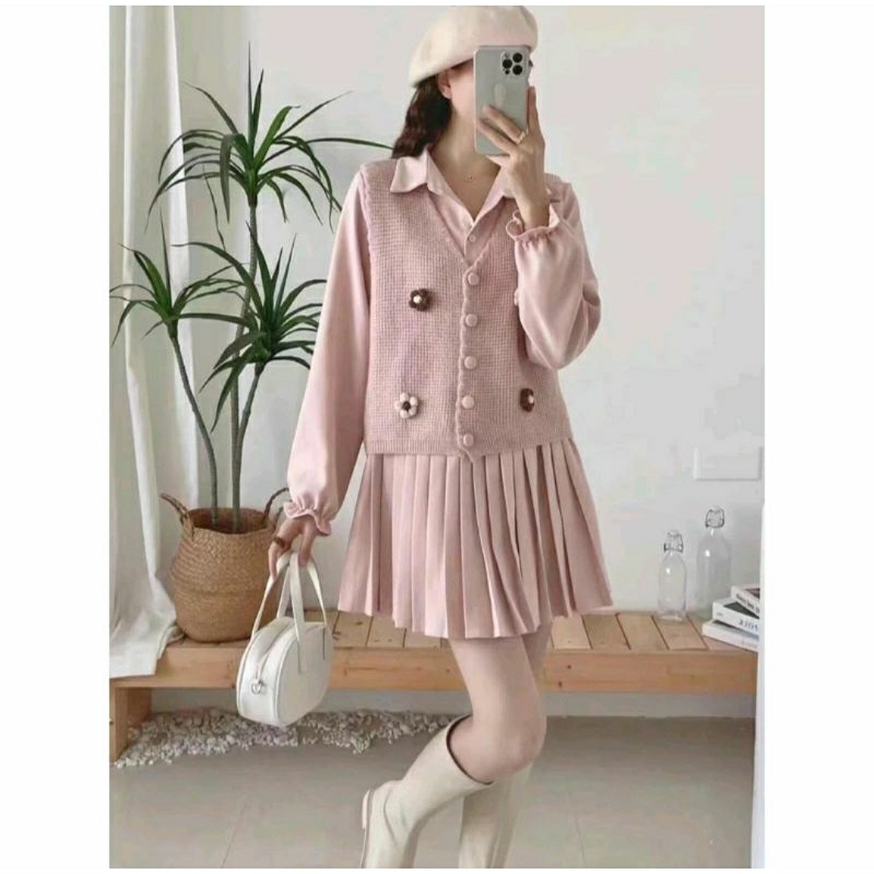 Atasan Rajut Wanita Set Bunga Inner Rompi Vest Rajut Import Knit